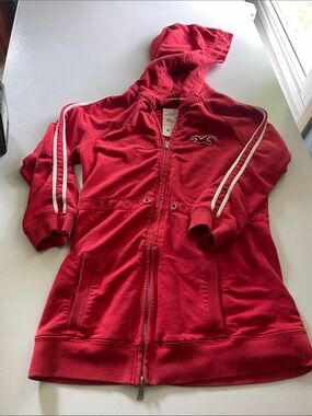 Hollister Red Hooded Zip Jacket with White Stripe and 3/4 sleeves
